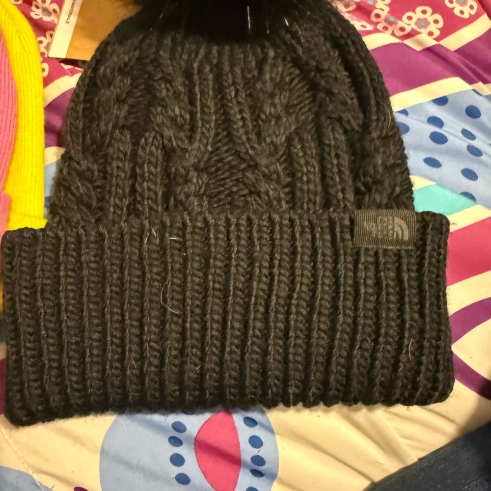 The North Face Black Faux Fur Pom Cable Knit Beanie
